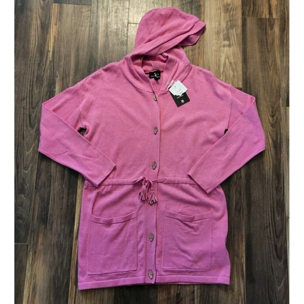 New Pink Hooded Mid Length Light Cardigan Sweater Tie Waist Pockets Marble Sz XS